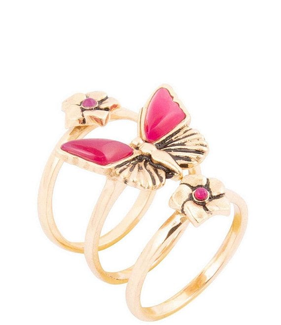 Barse Pink Fuchsia Agate Golden Butterfly Triple Ring Set