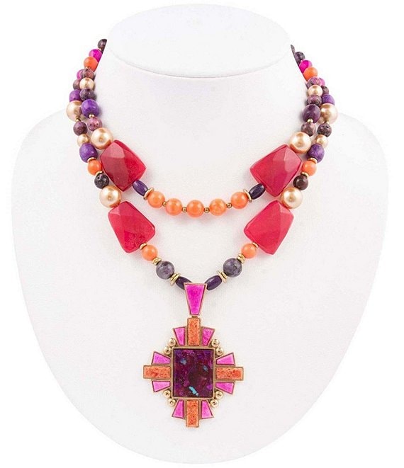 Barse Santa Fe Purple Turquoise Cross Pendant Layered Statement Necklace