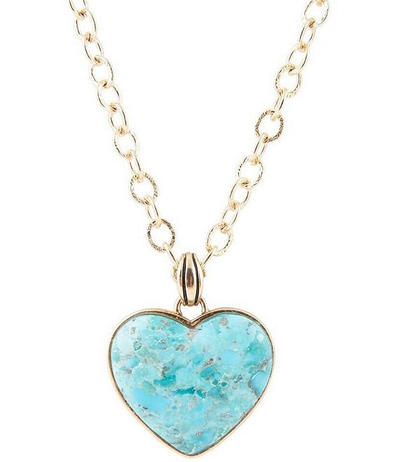 Barse Blue Turquoise Heart Pendant Statement Golden Necklace