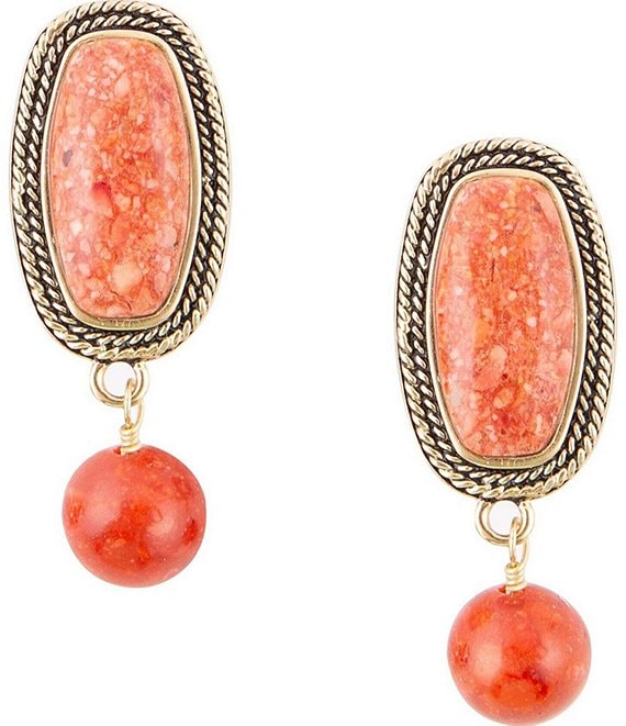 Color:Coral/Gold - Image 1 - Bronze and Orange Genuine Stone Sponge Coral Clip-On Earrings