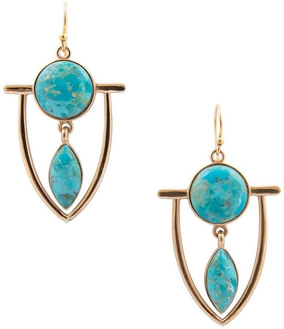 Barse Bronze and Turquoise Shielded Statement Drop Earrings, Turquoise/Gold - Image 1