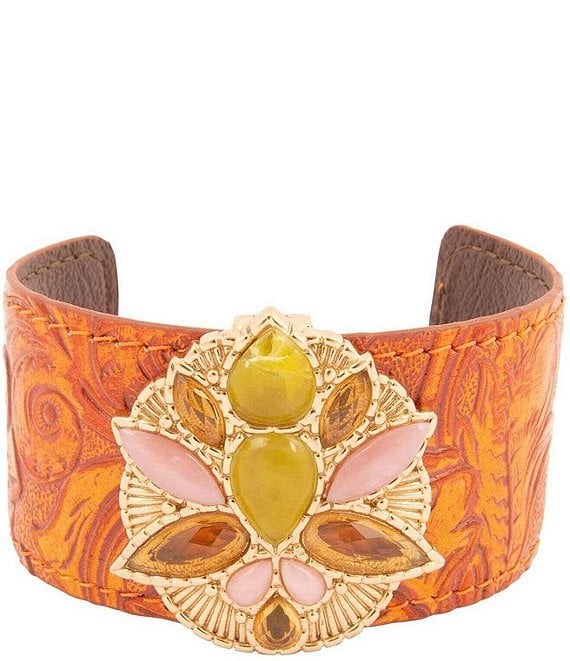 Barse Stargazer Jasper Golden Embossed Leather Cuff Bracelet