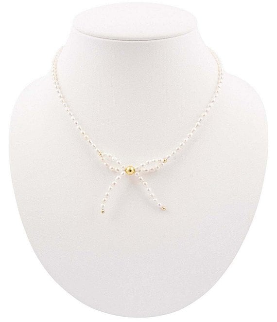 Barse White Freshwater Pearl Bow Golden Necklace