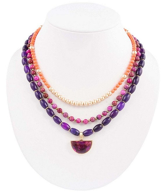 Barse Bordeaux Purple Turquoise and Jade Golden Multi Strand Necklace, Purple/Orange Multi - Image 1