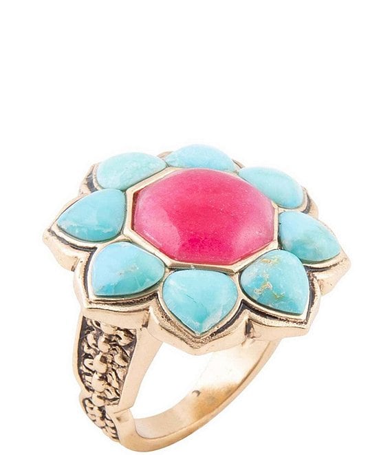 Barse Blue Turquoise and Red Quartz Flower Golden Ring