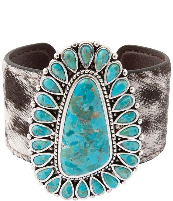 Barse High Plains Silver, Genuine Turquoise And Cowhide Statement Cuff Bracelet