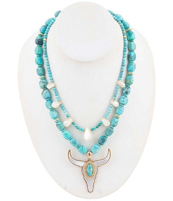 Barse Longhorn Turquoise Beaded Statement Short Multi Strand Pendant Necklace