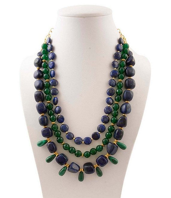Barse Midnight Garden Golden, Lapis and Green Onyx Long Multi-Strand Necklace