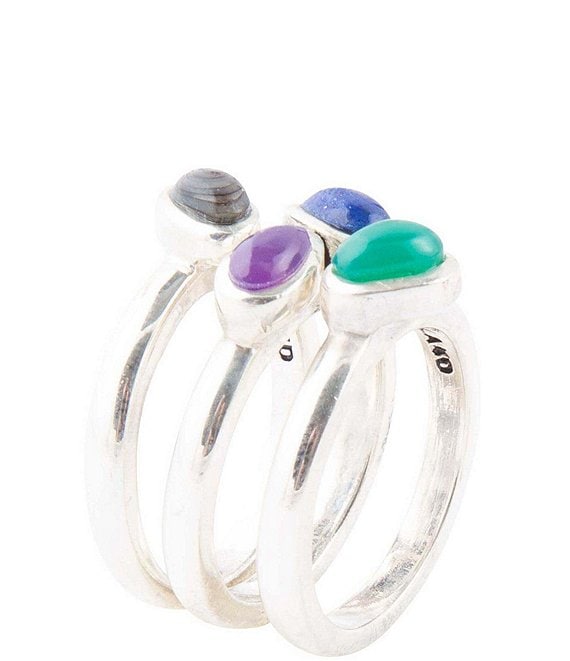 Barse Peacock Colorful Multi-Stone and Sterling Silver Ring Set