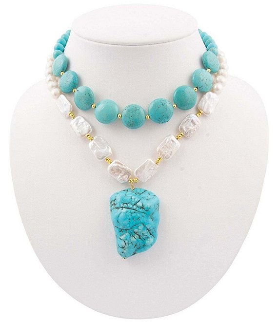 Barse Hepburn Blue Magnesite Golden Pendant Statement Necklace