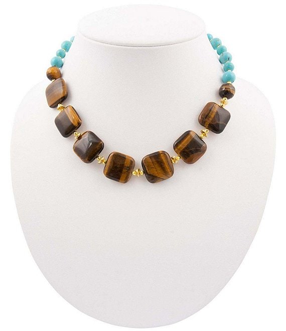 Barse Blue Magnesite and Tiger's Eye Chunky Golden Necklace