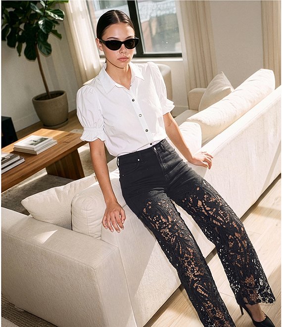 Bayeas Stretch Denim High Rise Lace Embellished Wide Leg Ankle