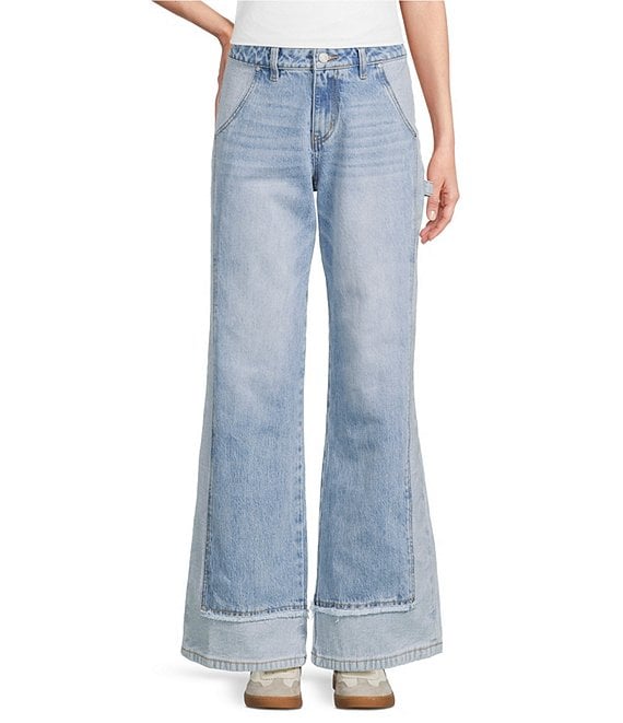 Bayeas Stretch Denim Two Tone Wide Leg Cuffed Hem Jeans, Light Blue - Image 1