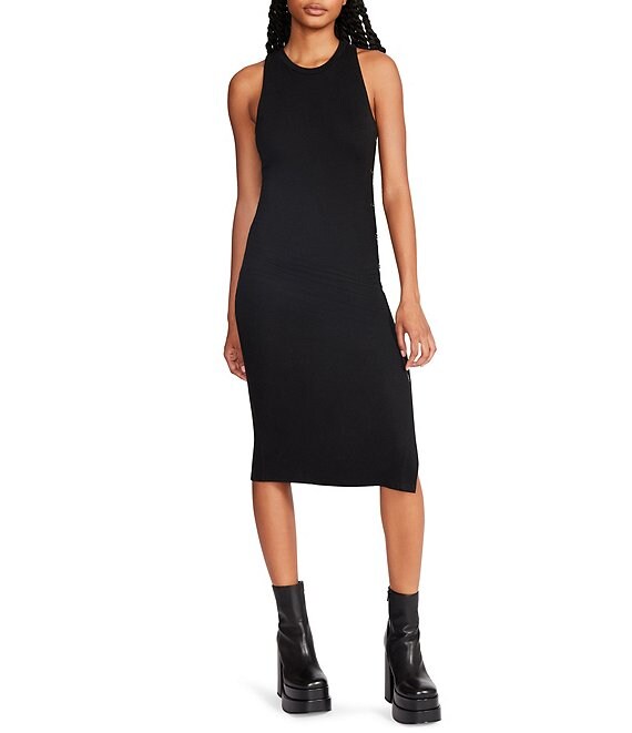 Color:Black - Image 1 - Sarah Rib Knit Crew Neck Sleeveless Snap Side Slit Bodycon Midi Dress