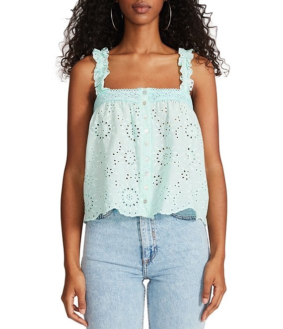 Color:Bay - Image 1 - Summer Eyelet Square Neck Button Front Sleeveless Top
