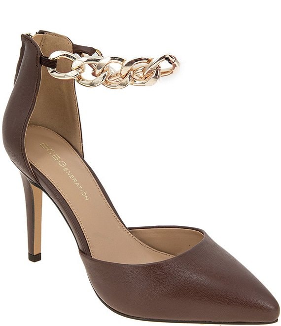 Color:Espresso - Image 1 - Haindi-3 Leather Ankle Chain d'Orsay Pumps