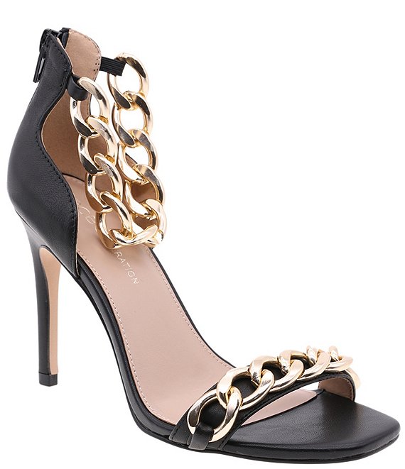 Color:Black - Image 1 - Isinna Leather Chain Strap Square Toe Dress Sandals