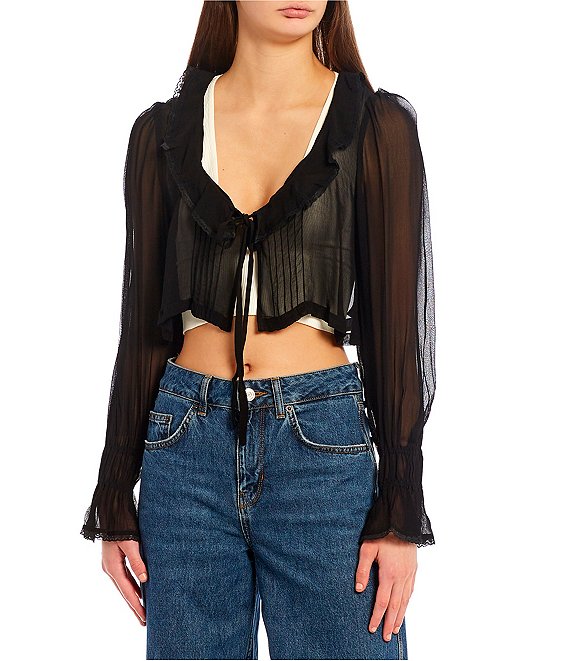 Color:Black - Image 1 - Ophelia Long Sleeve Woven Tie Front Cropped Blouse
