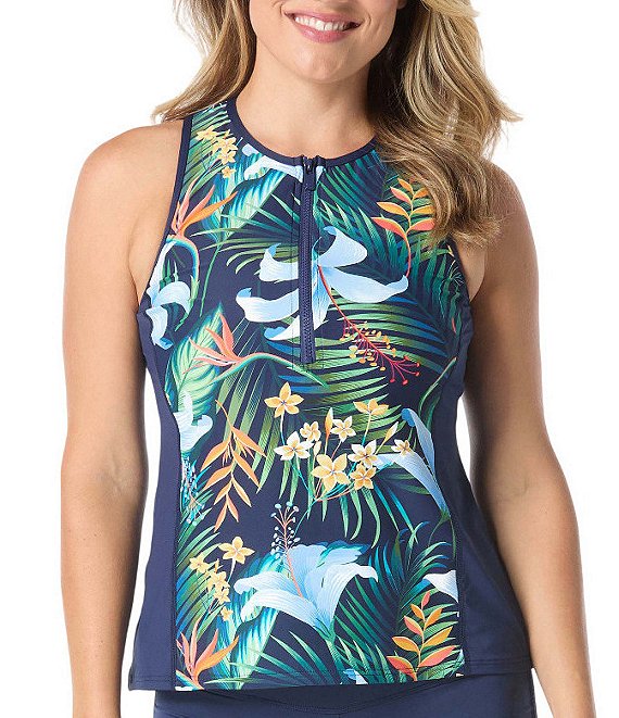 Beach House Midnight Tropical Zip Front Racerback Tankini Swim Top