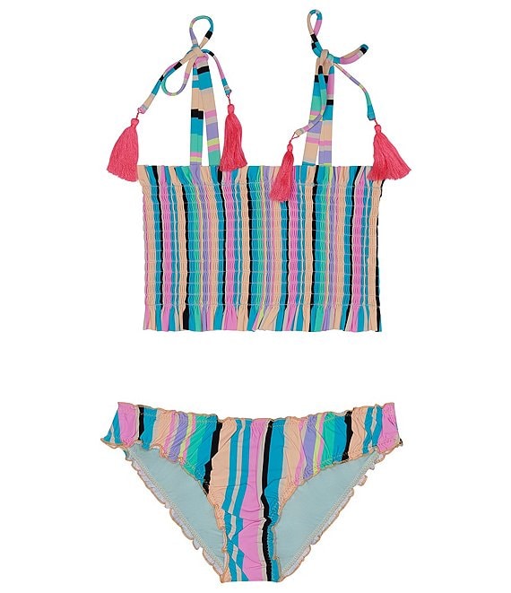 Beach Lingo Big 7-16 Playa Stripe Smocked Bandeau Top & Matching Hipster Bottom Two-Piece Swimsuit |