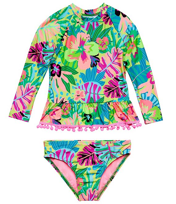 Beach Lingo Little Girls 2T 7 Bondi Long Sleeve Pom Pom Trim Two Piece Swimsuit