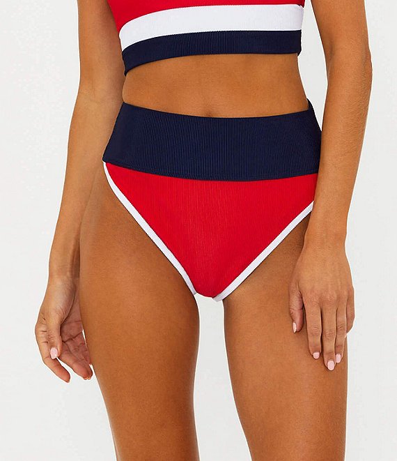 Beach Riot Emmy Ribbed Color Block Contrast Trim High Waisted Swim Bottom, Americana - Image 1