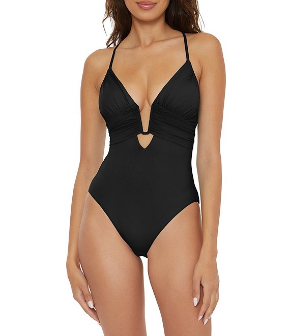 Becca by Rebecca Virtue Color Code Solid Plunge V Wire Criss Cross Back One Piece Swimsuit