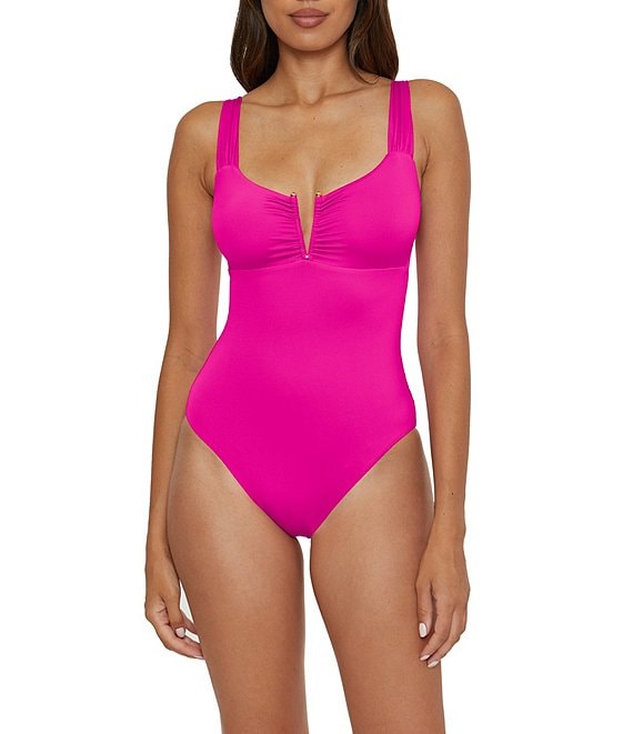 Becca by Rebecca Virtue Becca By Rebecca Virtue Color Code V-Wire Neck Shirred Front One Piece Swimsuit, Azalea - Image 1