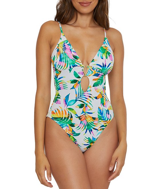 Becca by Rebecca Virtue Isla Verde Evelynn Palm Frond Plunge Cut Out One Piece Swimsuit