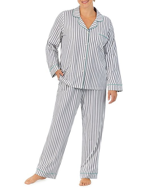 Color:Mid Grey Stripe - Image 1 - Plus Size Family Matching Stripe Print Long Sleeve Cotton Knit Pajama Set