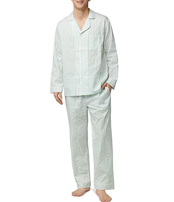 Color:Mint Stripe - Image 1 - Long Sleeve Stripe Poplin Pajama Shirt & Matching 31#double; Inseam Pajama Pant Set