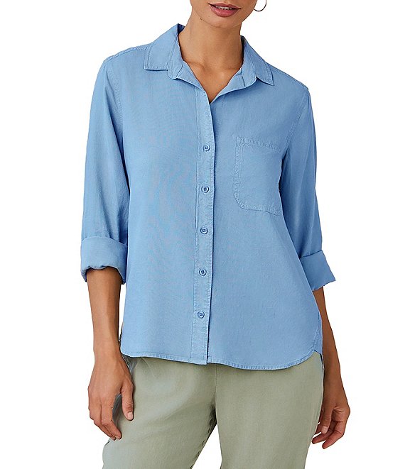 Bella Dahl Woven Split V-Neck Long Sleeve Button Down Shirt