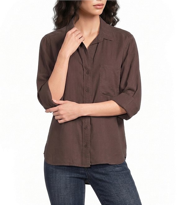 Bella Dahl Woven Point Collar Neckline Long Sleeve Button Down Shirt