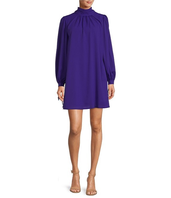 Color:Bright Violet - Image 1 - Ansley Long Sleeve Mock Neck Bow Back Detail Shift Dress