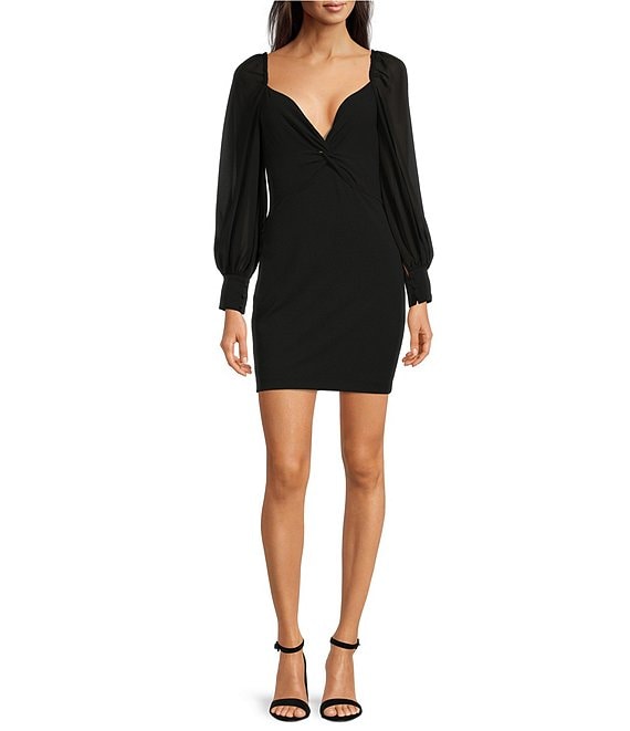 Color:Black - Image 1 - Dalia Deep Sweetheart Neck Long Balloon Sleeve Stretch Crepe Ruched Twist Front Bodycon Mini Dress