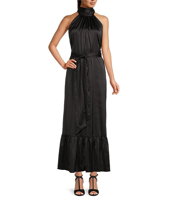 Color:Black - Image 1 - Gemma Silk Halter Neck Sleeveless Tie Waist Tiered Hem Gown