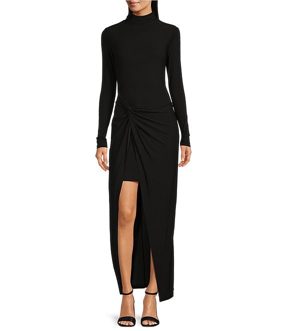 Color:Black - Image 1 - Hailey Jersey Knit Mock Neck Long Sleeve A-Line Front Slit Dress