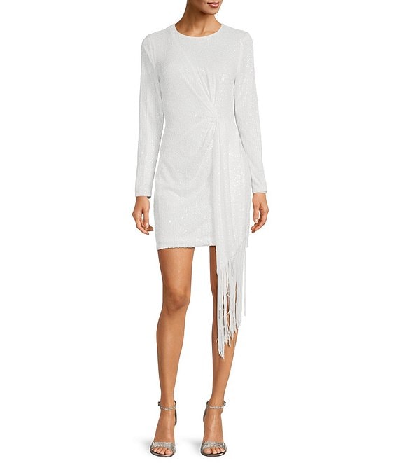 Color:White - Image 1 - Harley Round Neck Long Sleeve Stretch Sequin Drape Fringe Dress