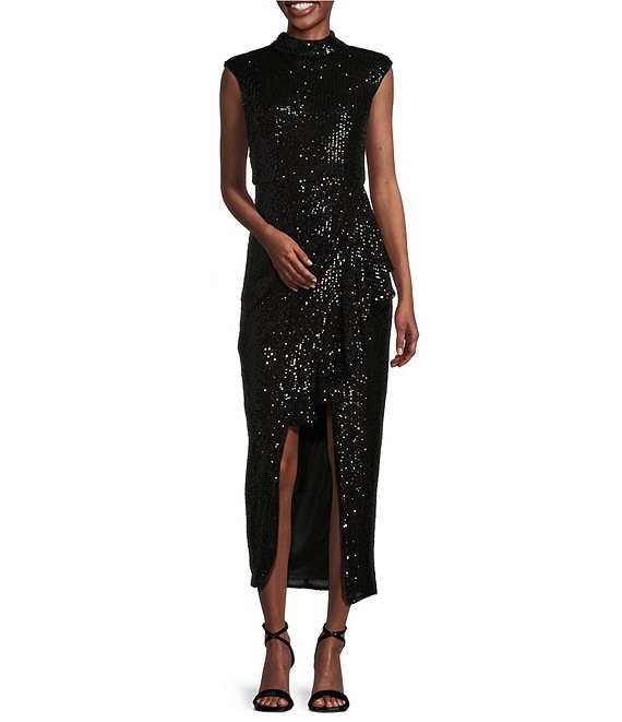 Color:Black - Image 1 - Isla Sequin Mock Neck Cap Sleeve Front Slit Midi Dress