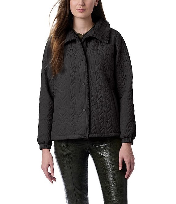 Bernardo Women s Quilted Jacket with Faux Shearling Collar Black Casual Jackets