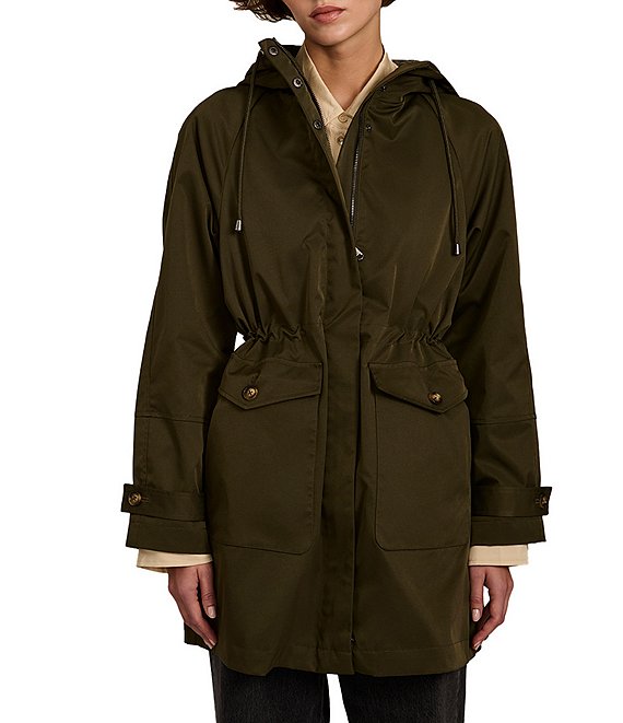 Bernardo Stand Collar Hooded Cinched Waist Zip Front Anorak Raincoat