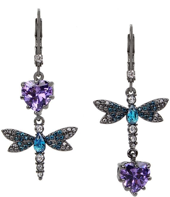 Color:Purple/Blue - Image 1 - Cubic Zirconia Dragonfly Double-Drop Mismatch Earrings