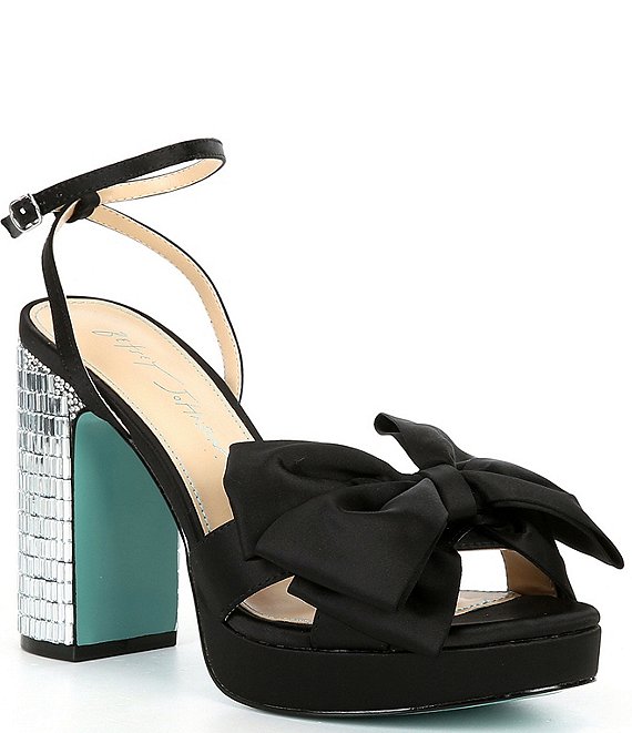 Color:Black - Image 1 - Maddy Satin Bow Mirror Rhinestone Embellished Heel Dress Sandals