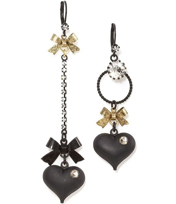Betsey Johnson Mismatched Bow and Crystal Heart Earrings