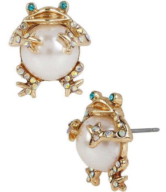 Betsey Johnson Faux-Pearl & Crystal Frog Stud Earrings