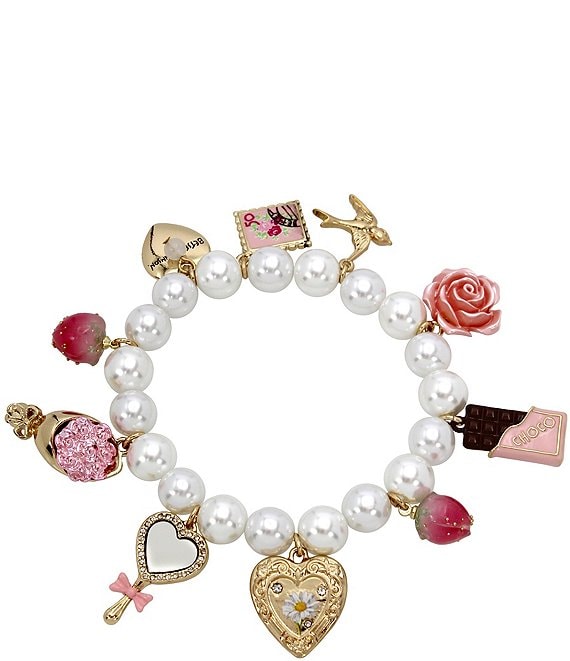 Betsey Johnson Sweetheart Charm Pearl Beaded Statement Stretch Bracelet Dillard s