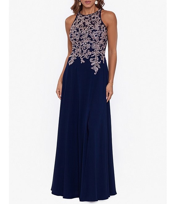 Color:Navy/Rose Gold - Image 1 - Beaded Embroidery Chiffon Halter Neck Keyhole Back Detail Sleeveless Gown