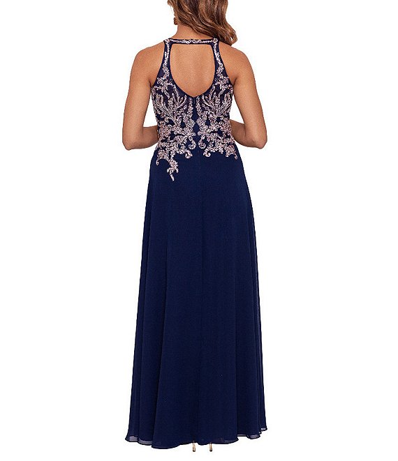 Betsy & Adam Beaded Embroidery Chiffon Halter Neck Keyhole Back Detail  Sleeveless Gown | Dillard's