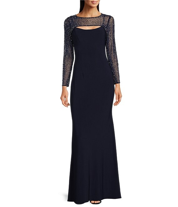 Betsy & Adam Beaded Illusion Long Sleeve Neck Cut-Out Sheath Gown ...