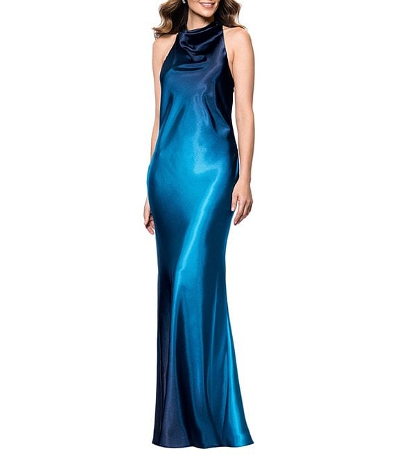 Betsy & Adam Charmeuse Halter Neck Ombre Sleeveless Sheath Gown, Navy/Teal - Image 1